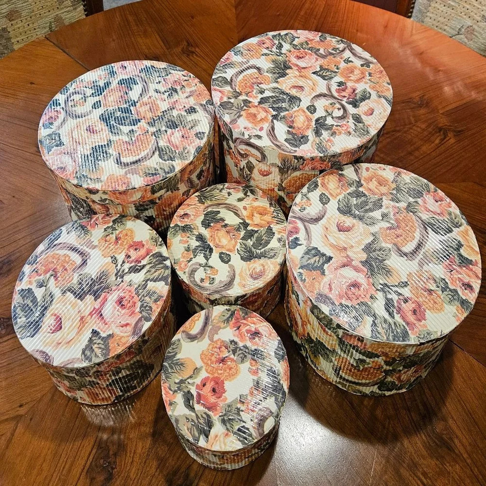 Vintage set of 6 nesting boxes roses corrugated sturdy unused condition